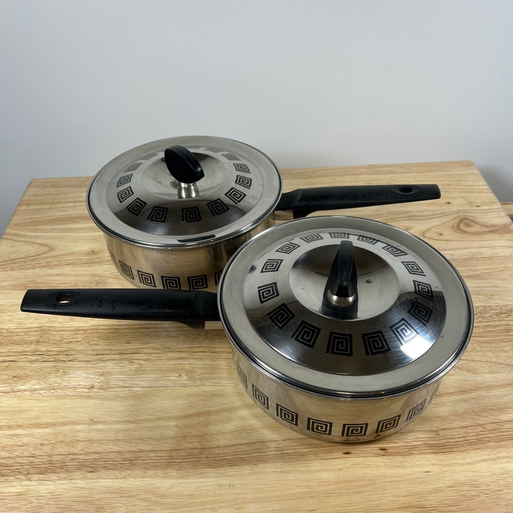 Ekco Criteria Stainless Steel 2qt Saucepan Set 2 Pots Lids Greek Key Vintage USA